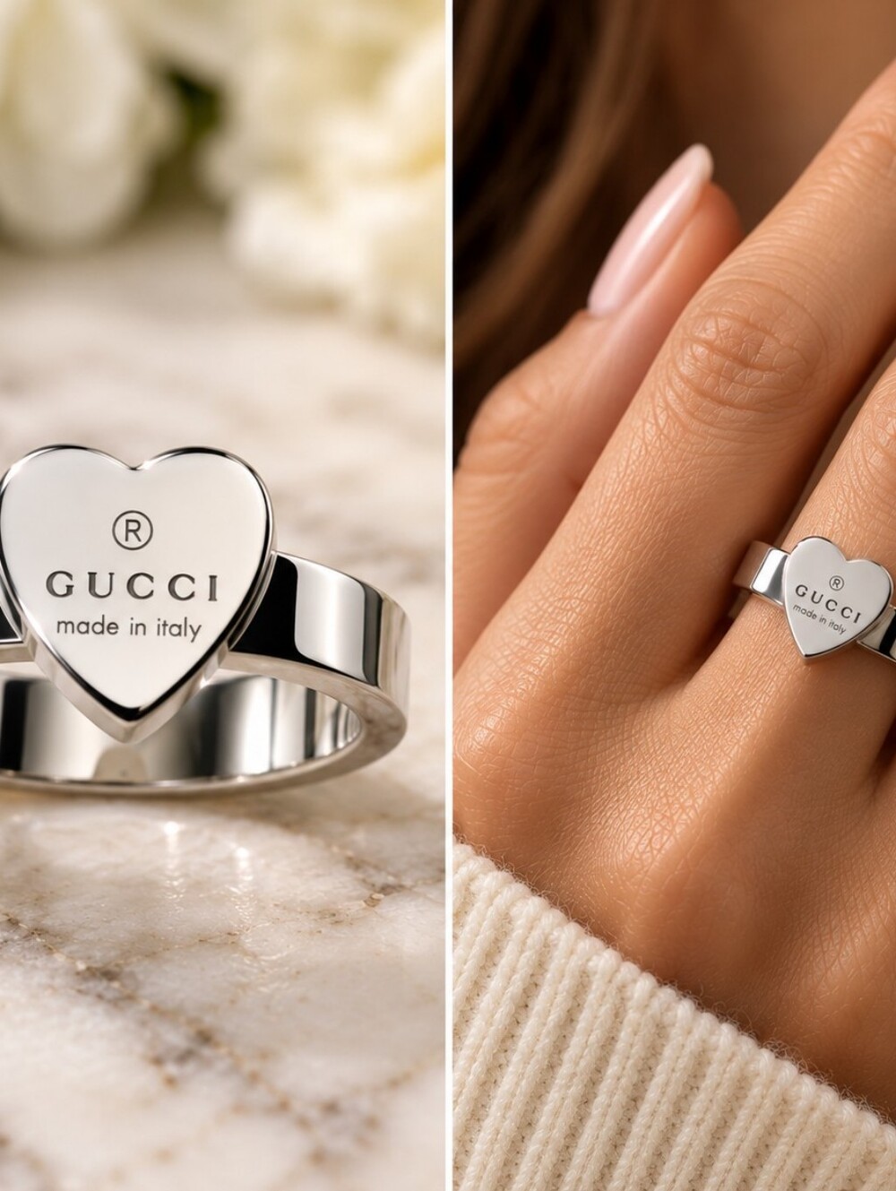 Gucci Silver Heart Logo Ring on Green Gift Box Without The Engrave Gucci Ribbon. - Picture 3 of 4